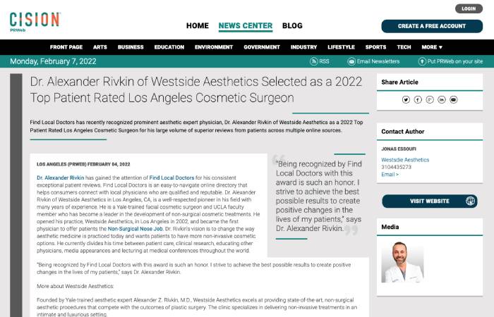一篇文章的屏幕截图，标题为：Westside Aesthetics世界杯杯预选赛积分的Alexander Rivk2022世界杯十六强让球in博士被选为2022年顶级患者评级的洛杉矶化妆品外科医生